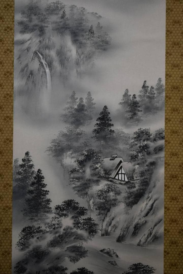 真作/青木桂岳/山水図/桐共箱付/布袋屋掛軸HE-45