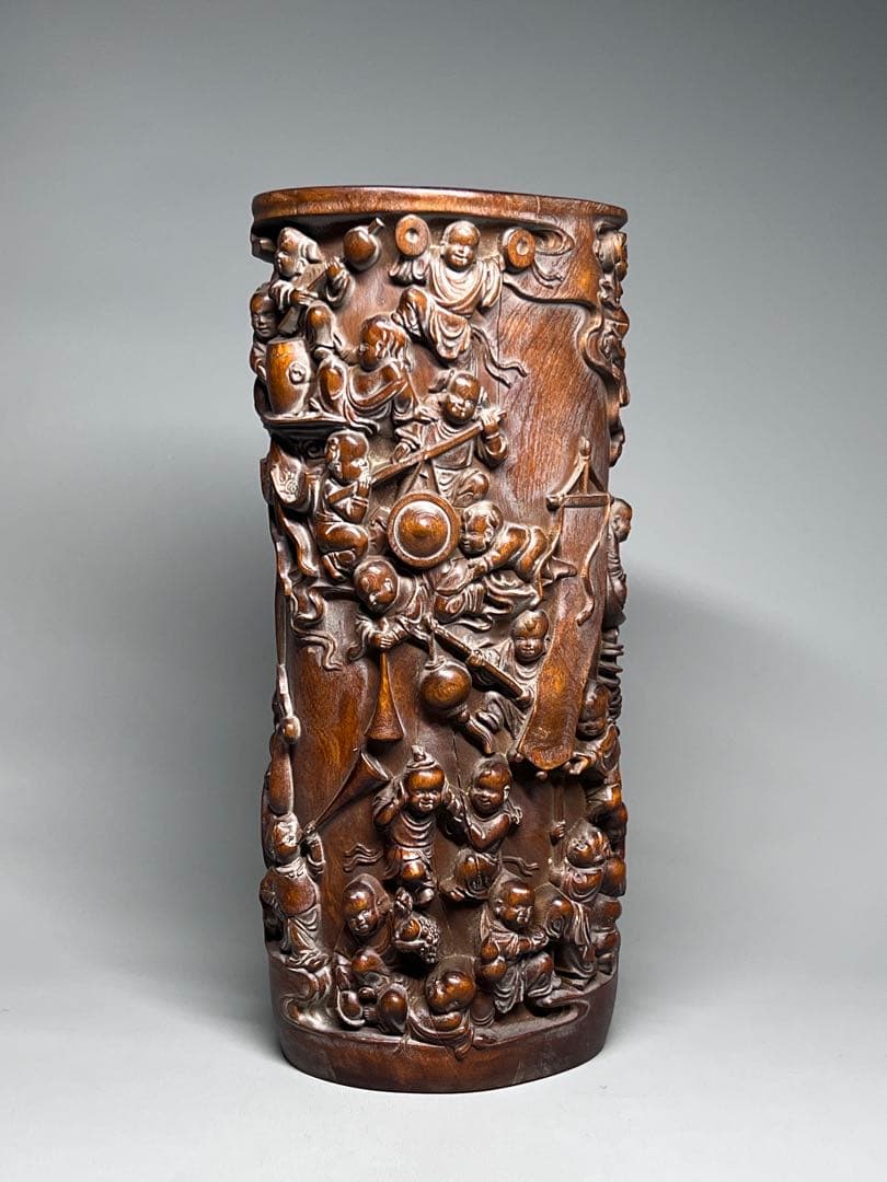 古美術 黄楊木 拓植 筆筒 筆立て 百子図 高浮彫 文房具 木製 置物 希少