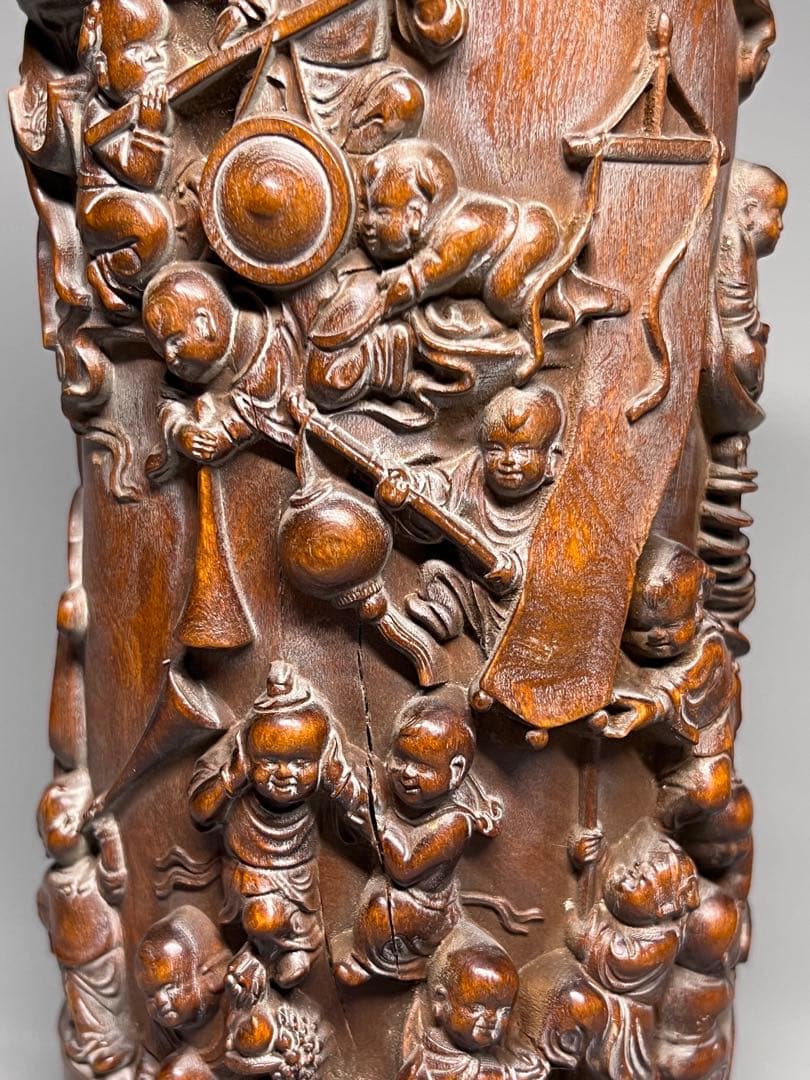 古美術 黄楊木 拓植 筆筒 筆立て 百子図 高浮彫 文房具 木製 置物 希少