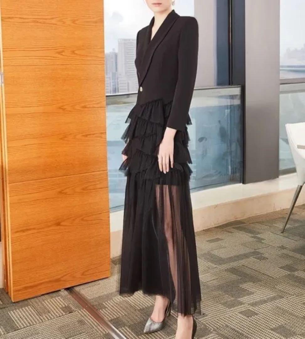 フリル付き・シースルー ジャケットロングドレス（カラー：ブラック）