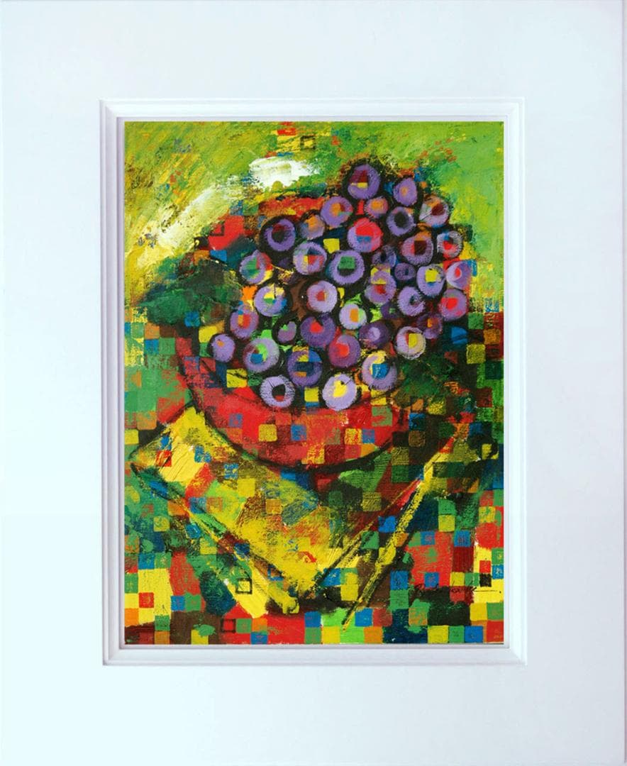 油絵 菅家令子絵 絵画インテリア額付(青緑＋金色の枠)uF6-063004ぶどう