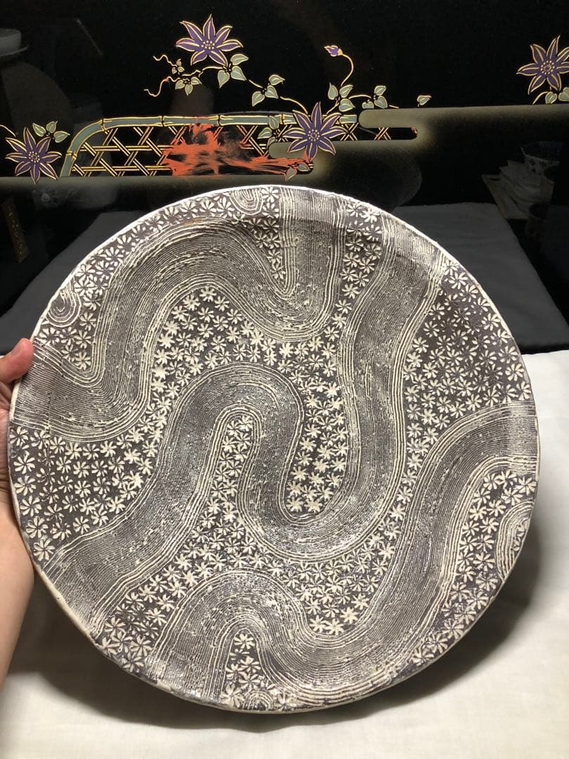 手造陶芸大盆。三島風陶芸。手造美術。茶道置物。美品。稀有。平成時代。舊家藏出。