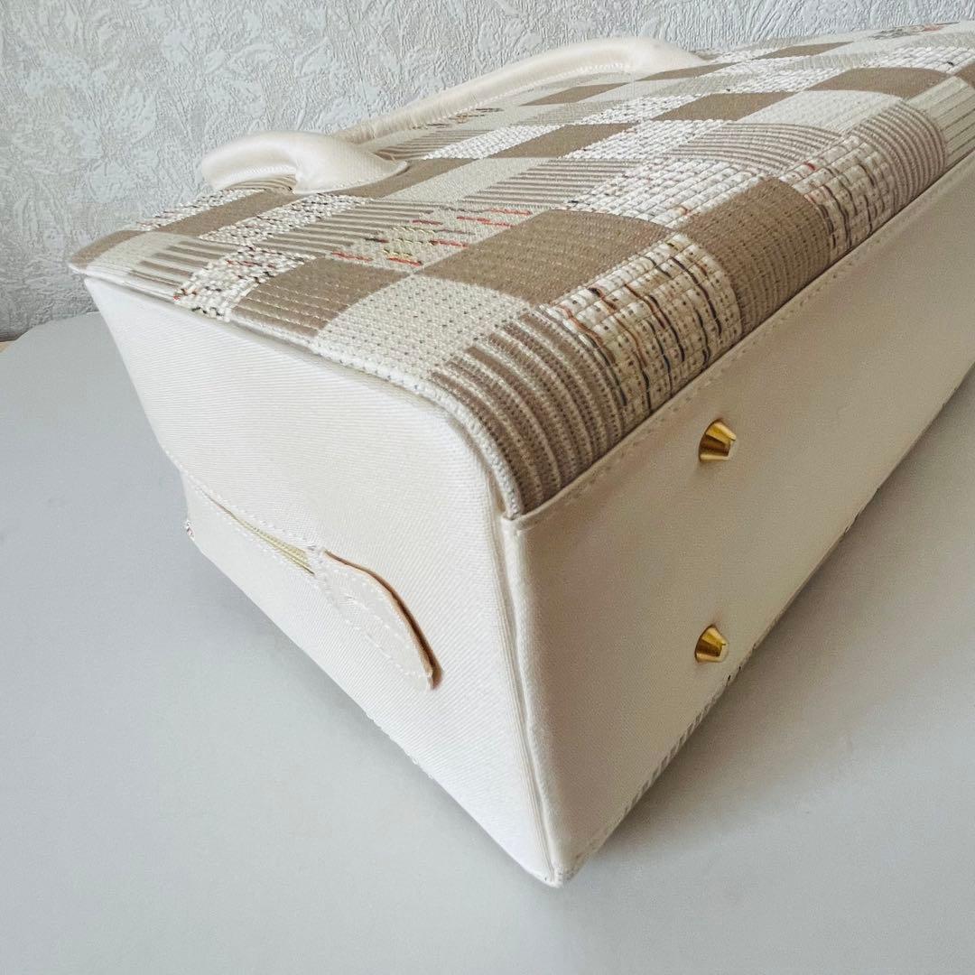 【セール✨】利休バッグ　和装バッグ　アイボリー　チェック柄　底鋲　総柄　春夏秋