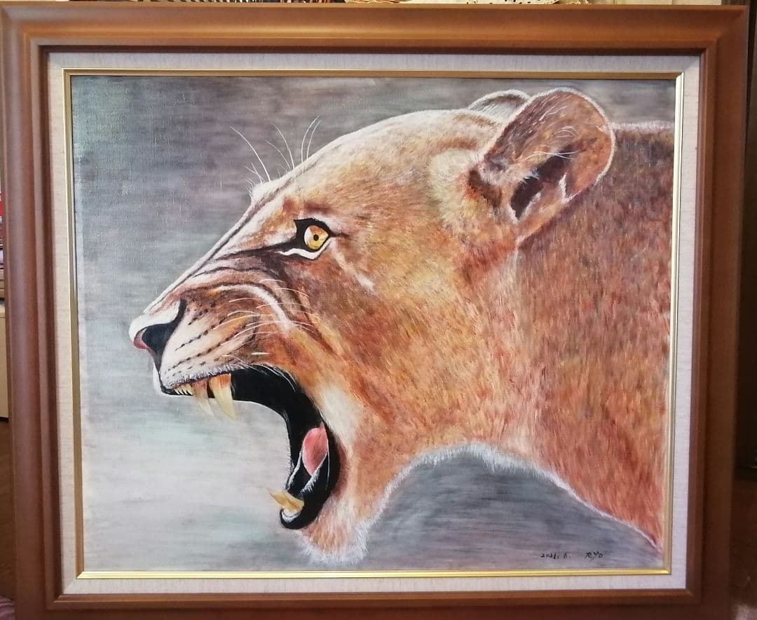 絵画 アクリル絵 額縁 キャンバス ライオン 動物 原画 原画 1点もの