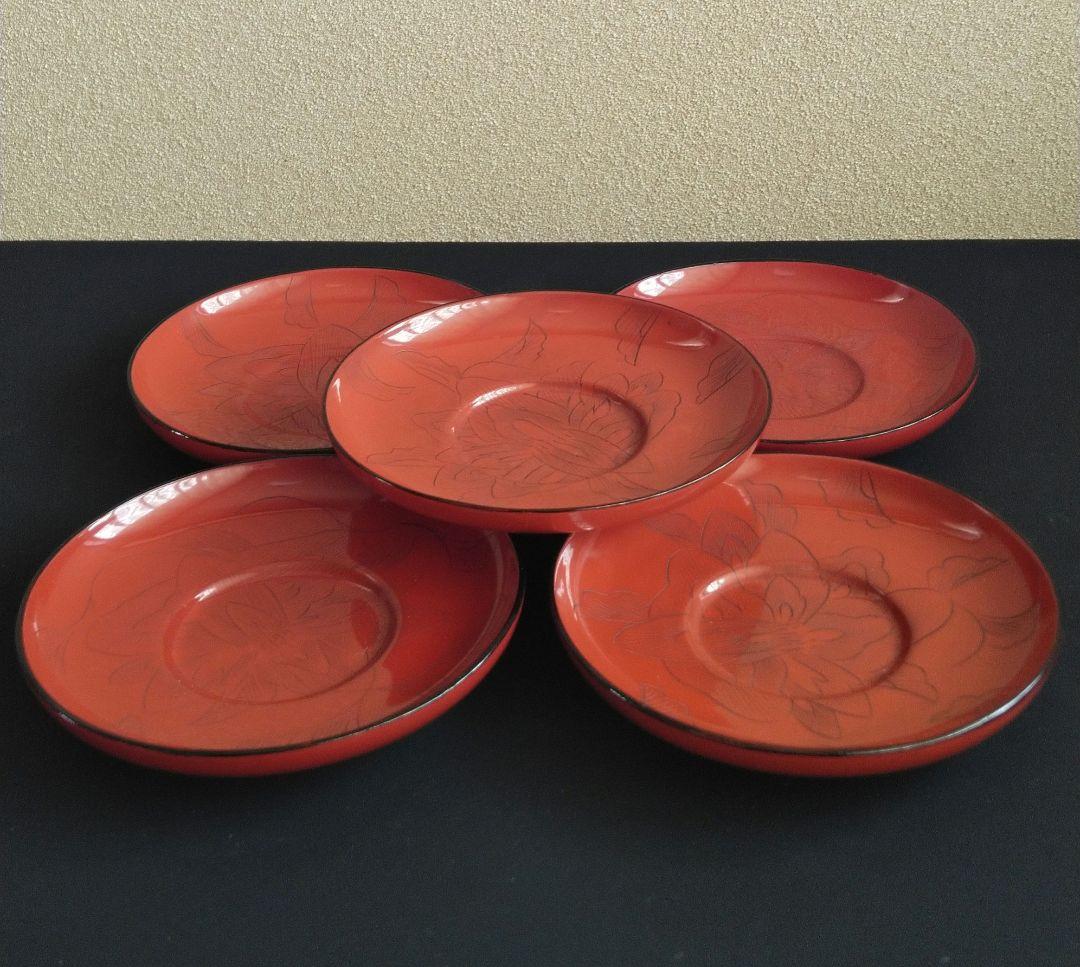 輪島塗 朱塗り 漆器 茶托 5客