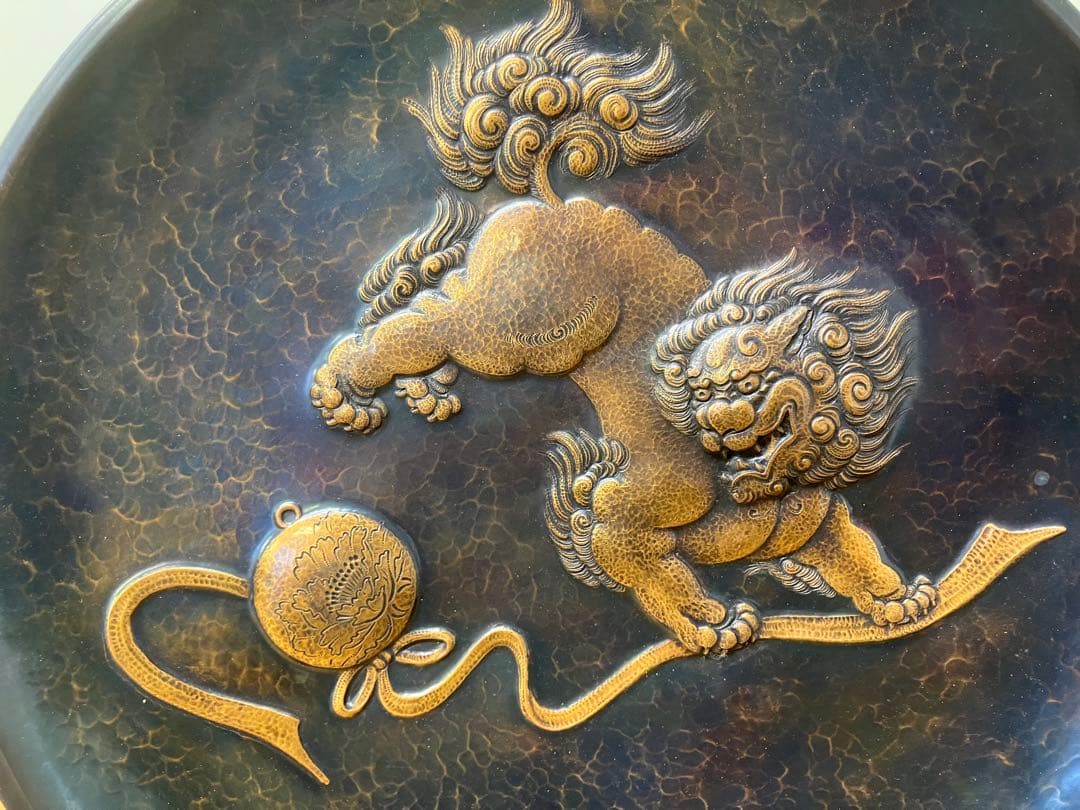 玉川堂】額皿 大皿 唐獅子ニ手毬 新品未使用 鎚起 銅器 無形文化