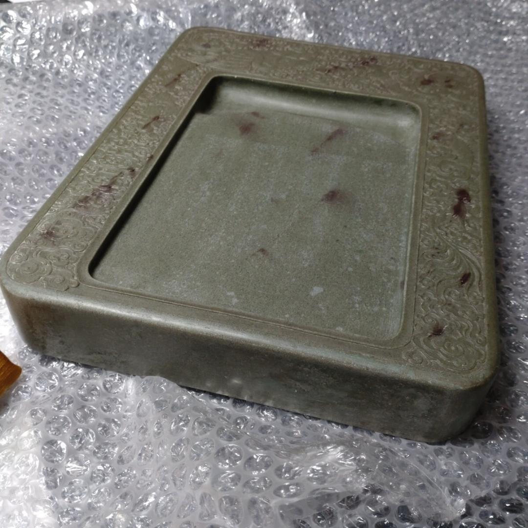 清代 上浣造 緑端渓硯 雲龍鳳凰彫刻 木箱付 書道具 すずり