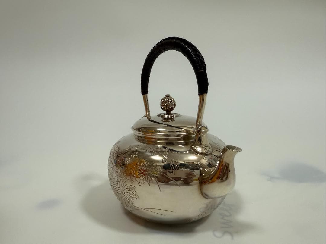 純銀製 花彫 湯沸 銀瓶 煎茶道具