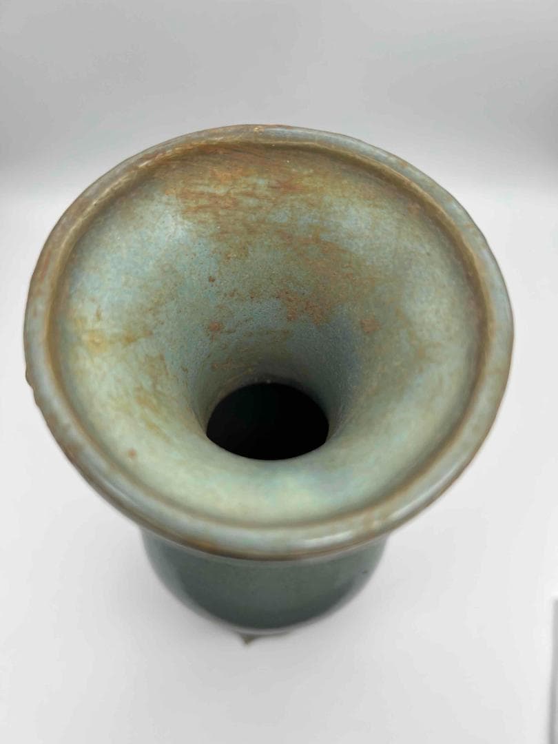 北宋時代 鈞窯広口双龍耳台座型香炉 天青釉瓶 窯変