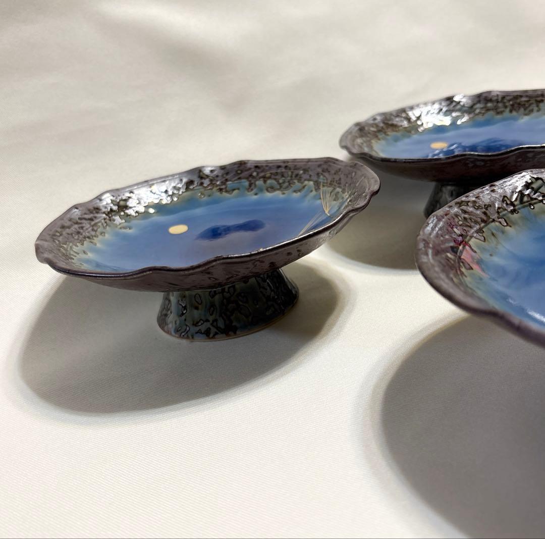 有田焼 堅窯 南蛮瑠璃 高台皿 5客 陶芸 南蛮ルリ 刺身皿 盛皿