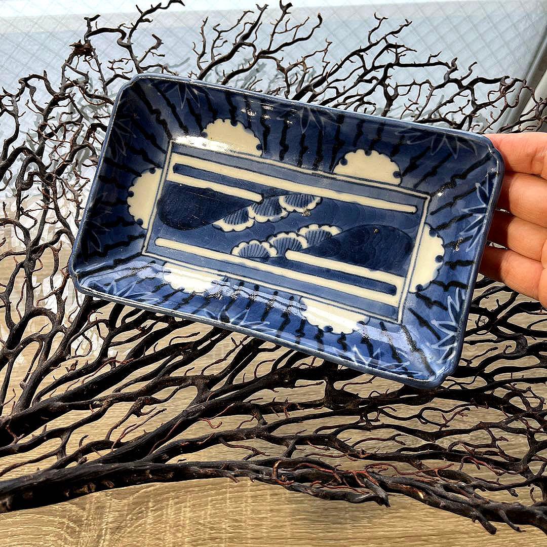 骨董 古伊万里 古染付 竹林 希少 雪輪紋 長皿 ペン皿 1客