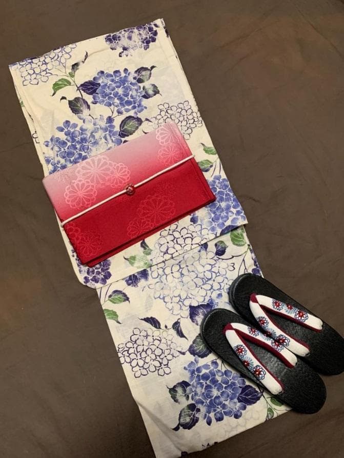 おまかせ下駄＋おまかせ黄色系の兵児帯つき◆◆高級変わり織◆涼し蒼紫陽花