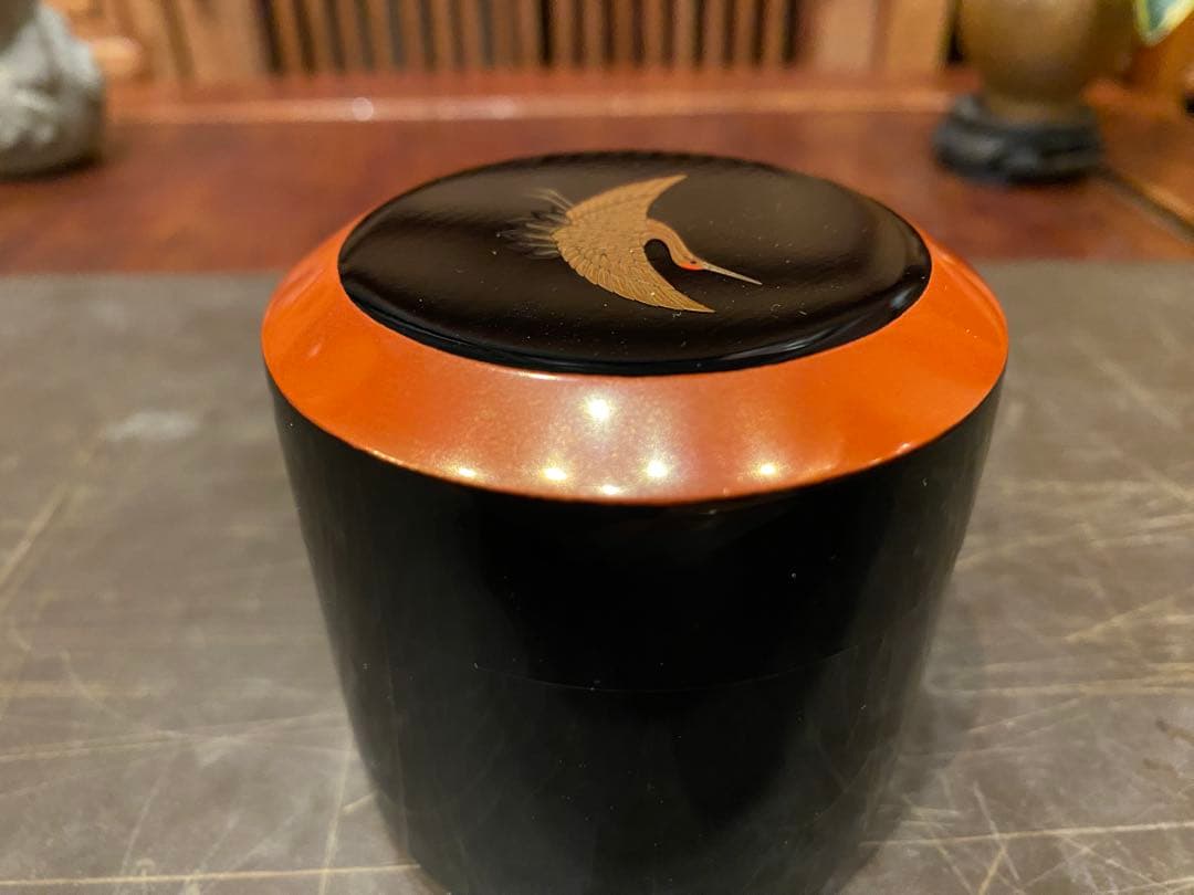 輪島塗 棗 蒔絵・鶴紋 鈴谷鐵五郎作 茶道具・ヴィンテージ レア