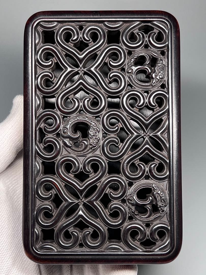 木製　小物入れ　紫檀　硯箱　透かし彫り　龍紋　極細工　文房具　中国美術　美品