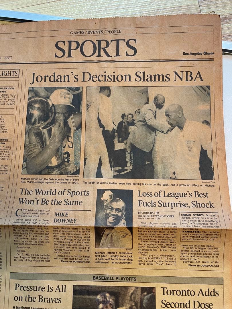 激レア】マイケルジョーダン引退 新聞（1993年10月） S1159