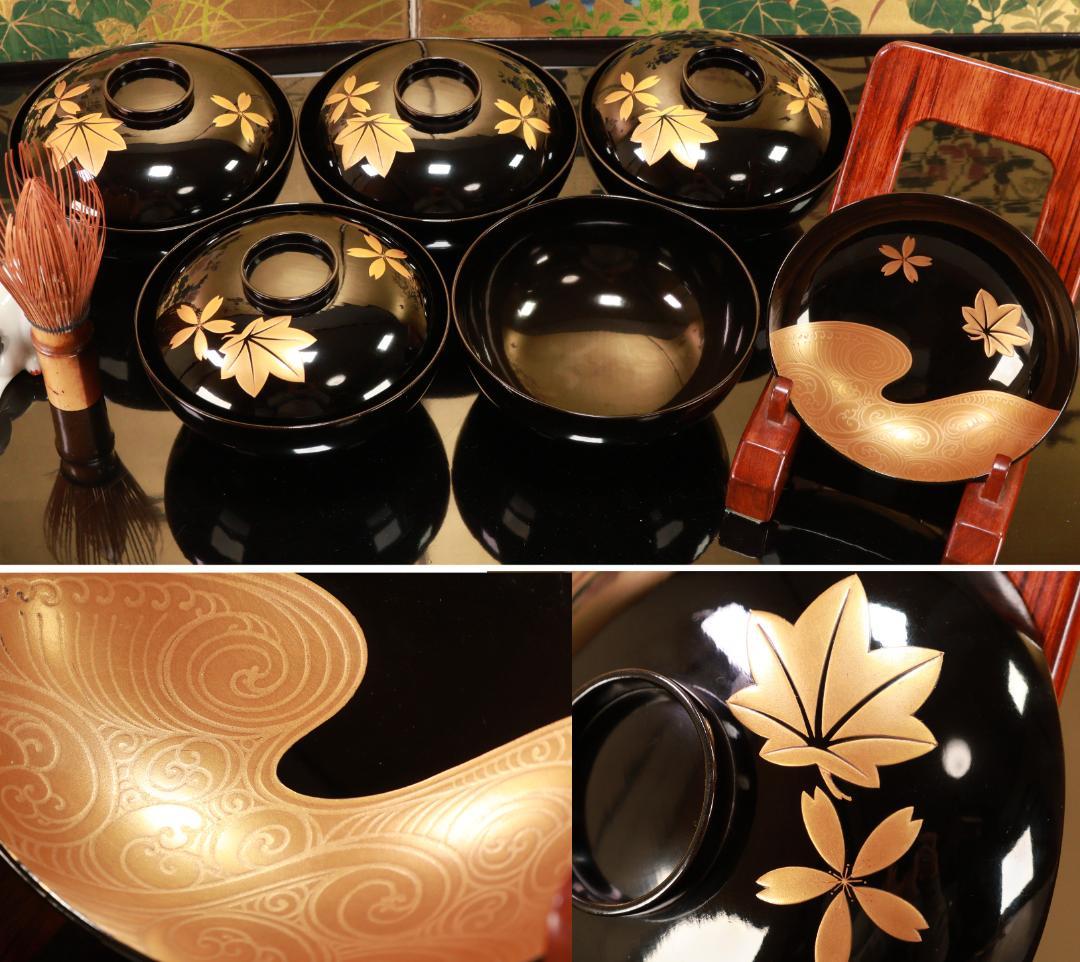 時代輪島塗 流水蒔絵 吸物物椀 五客 木製 BJ110