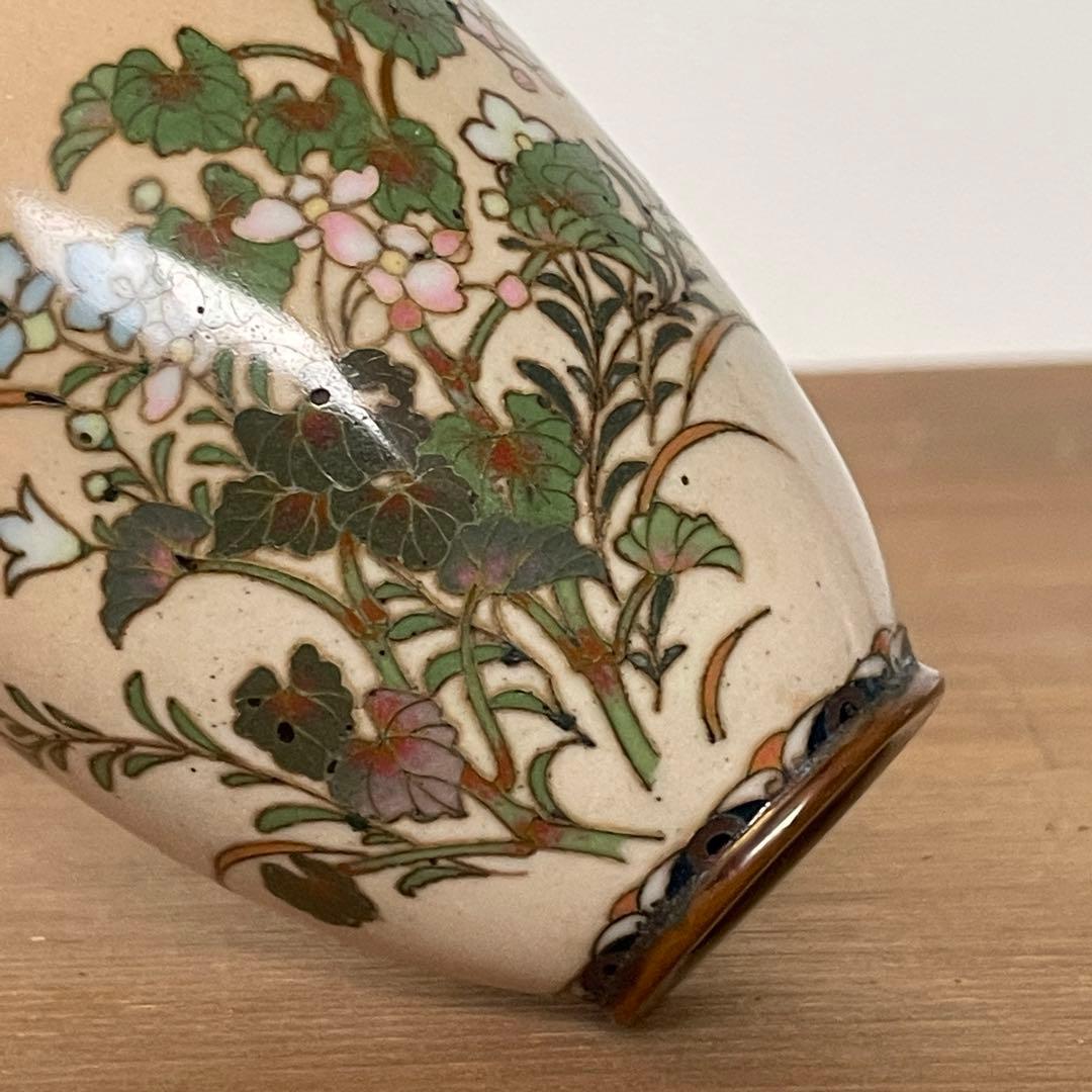 明治期　尾張　七宝　花文　銀線　植線　花瓶　小花瓶　小瓶　七宝焼　壷　花入