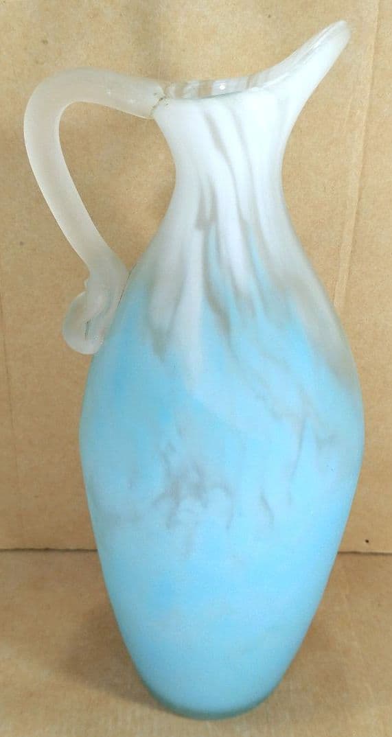 本物保証】藤田喬平 手吹 花瓶(水色系,手付) 共箱 高さ23㎝