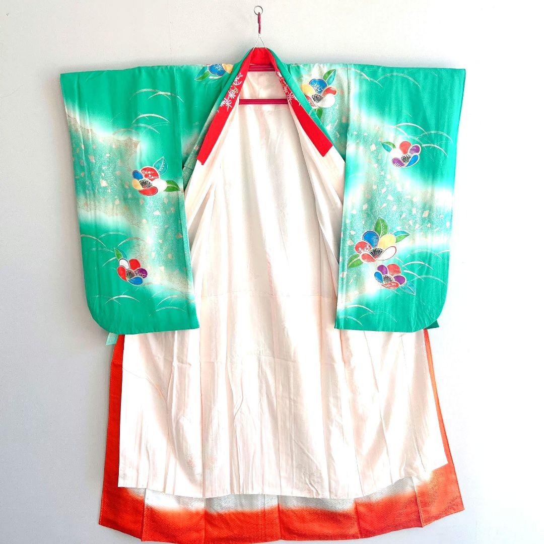 フルセット 七五三 7歳女の子 長着＆長襦袢＆帯＆小物　エメラルド　金銀プリント