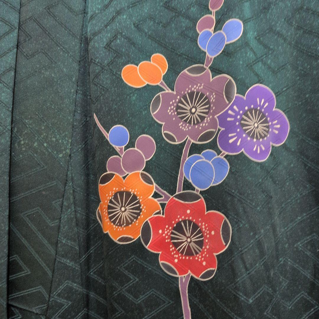 上質】紅型風ダークグリーン花柄振袖