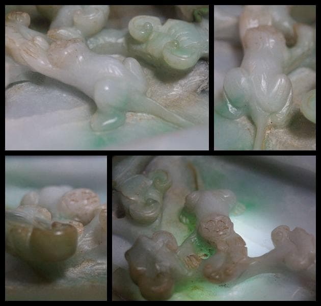 清 古色天然翡翠 ヒスイ 細工刳り貫き彫り『祥瑞霊芝文と猿之図 』置物