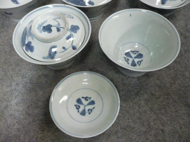 古伊万里 花に蝶図 染付 蓋茶碗 5個 [B31360]