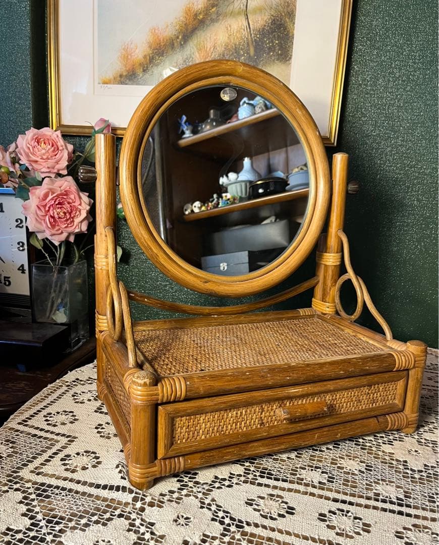 ヴィンテージ ラタン ドレッサー 鏡台 籐 アジアン 昭和レトロ