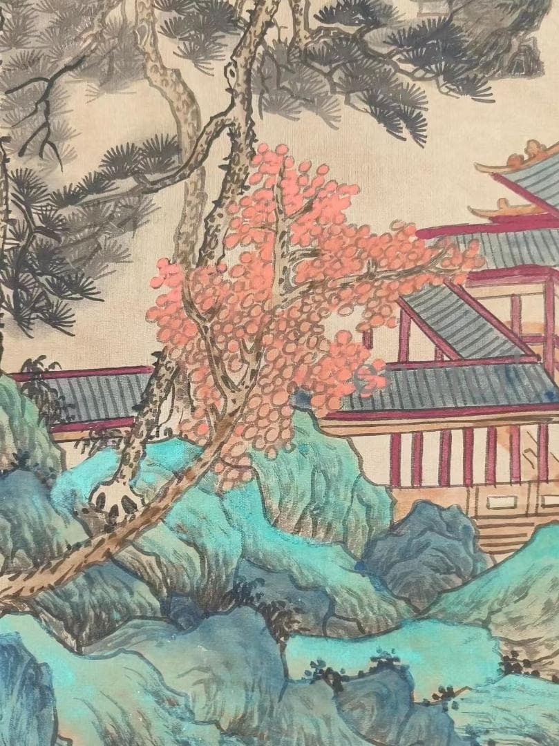 中国古美術 近代 絹本手描き 呉湖帆作款 山水画 掛軸 三尺 牙