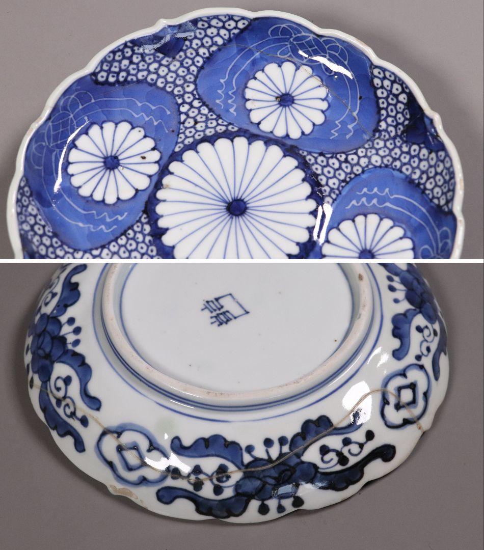 江戸 古伊万里 染付なます皿 十客 18cm 菊花浮文 鹿の子 中皿 MA167