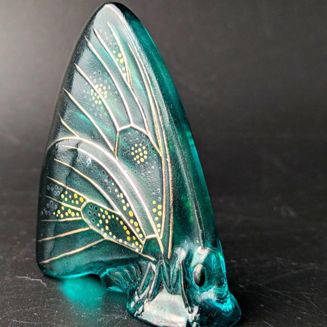 卓上芸術 ラリック 青ガラス彩色 パピヨン蝶オブジェ入手至難 精密エナメル