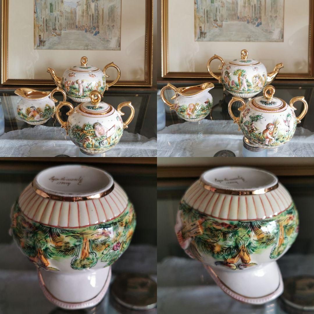 アンティークイタリア カポディモンティ 子供と鳥の実りの草原 収穫