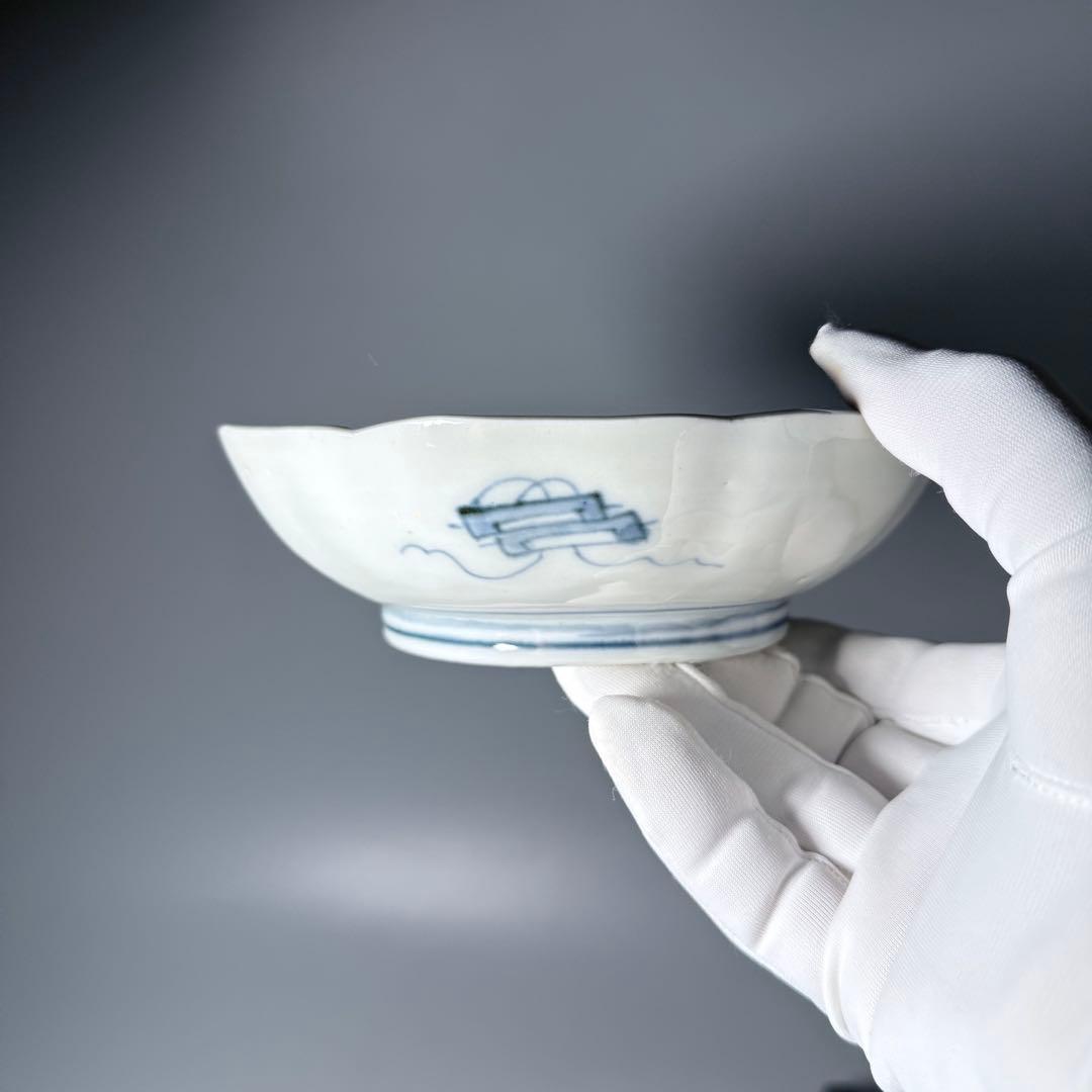 古伊万里 色絵花鳥図輪花形膾皿 松竹梅 裏巻物文様 江戸期 金蘭