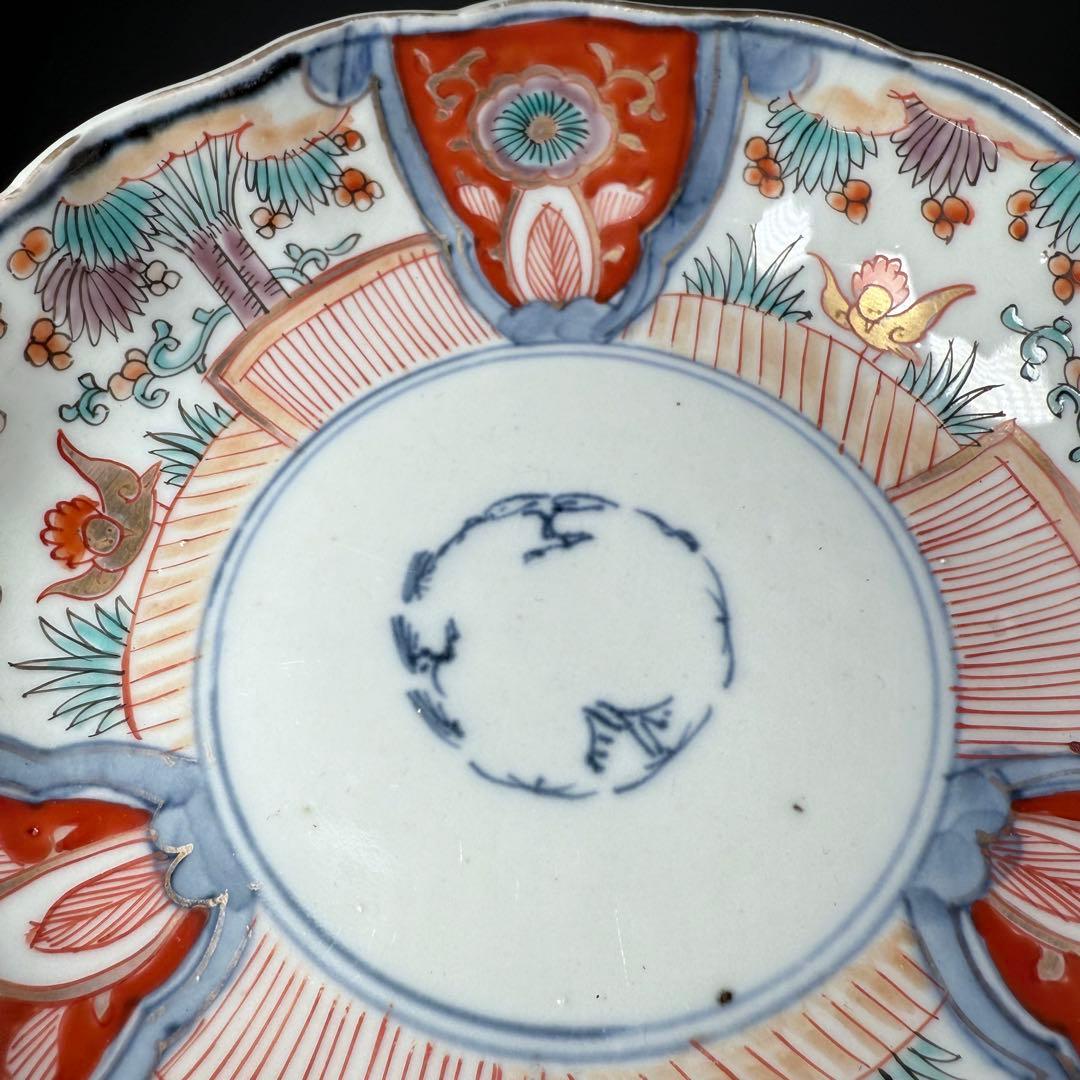 古伊万里 色絵花鳥図輪花形膾皿 松竹梅 裏巻物文様 江戸期 金蘭