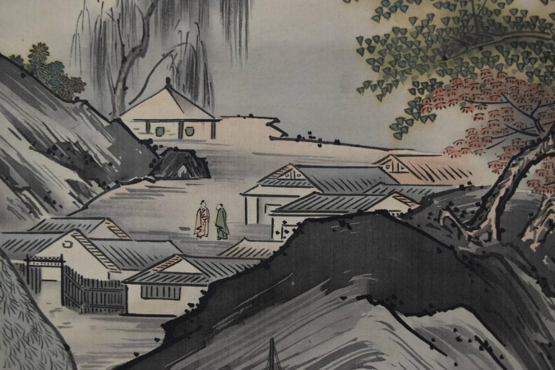 真作】橋本雅邦/山水人物図/秋景山水図/掛軸/名家伝来/AA-233