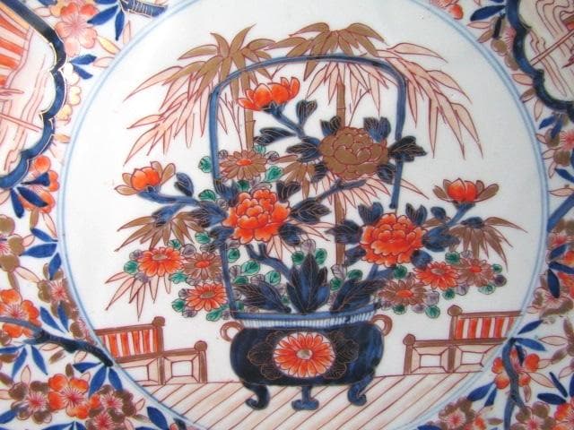 古伊万里大皿　金彩色絵　櫻花尽　見込花篭 鷺　冨貴長春 径46cm 江戸後期