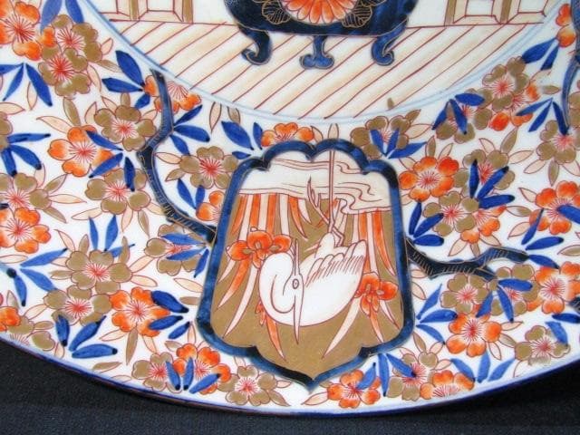 古伊万里大皿　金彩色絵　櫻花尽　見込花篭 鷺　冨貴長春 径46cm 江戸後期