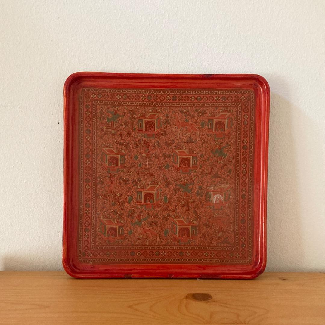 ミャンマー キンマ 漆のトレー お盆 エスニック アジアン 細密画