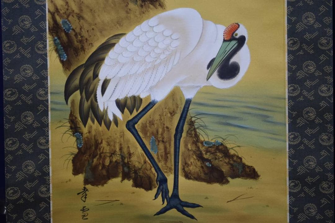 真作/国井幸雪/國井幸雪/日月/梅鶴図/双幅/桐共箱付/布袋屋掛軸HE-273