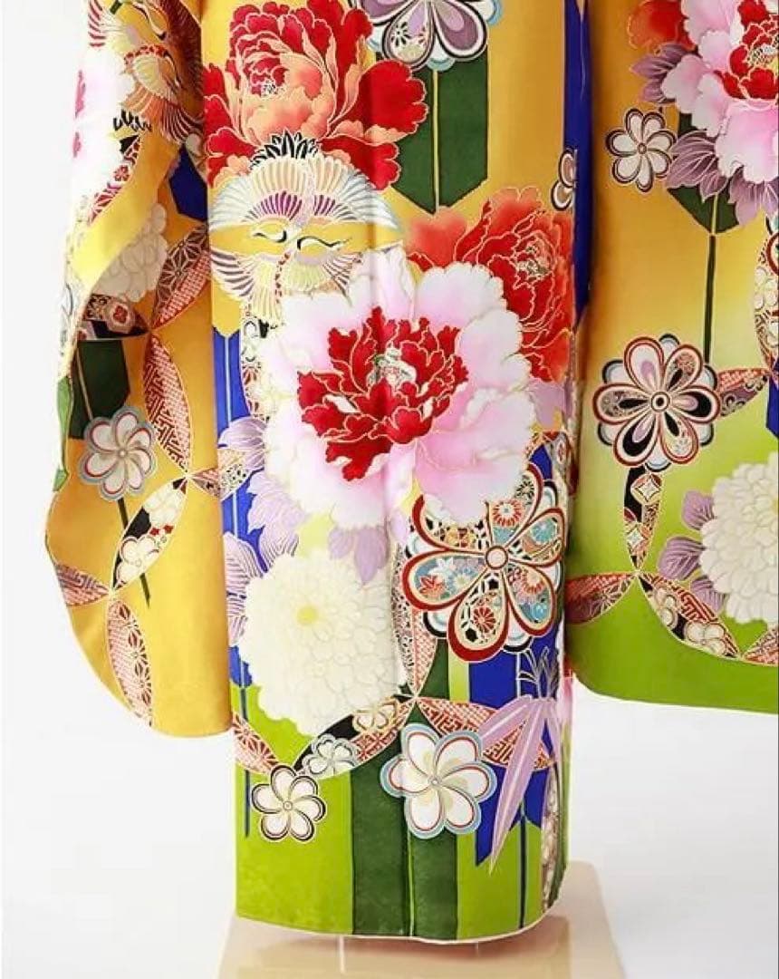 振袖 身長158-173cm 黄 矢絣 牡丹 松竹梅 正絹 レディース