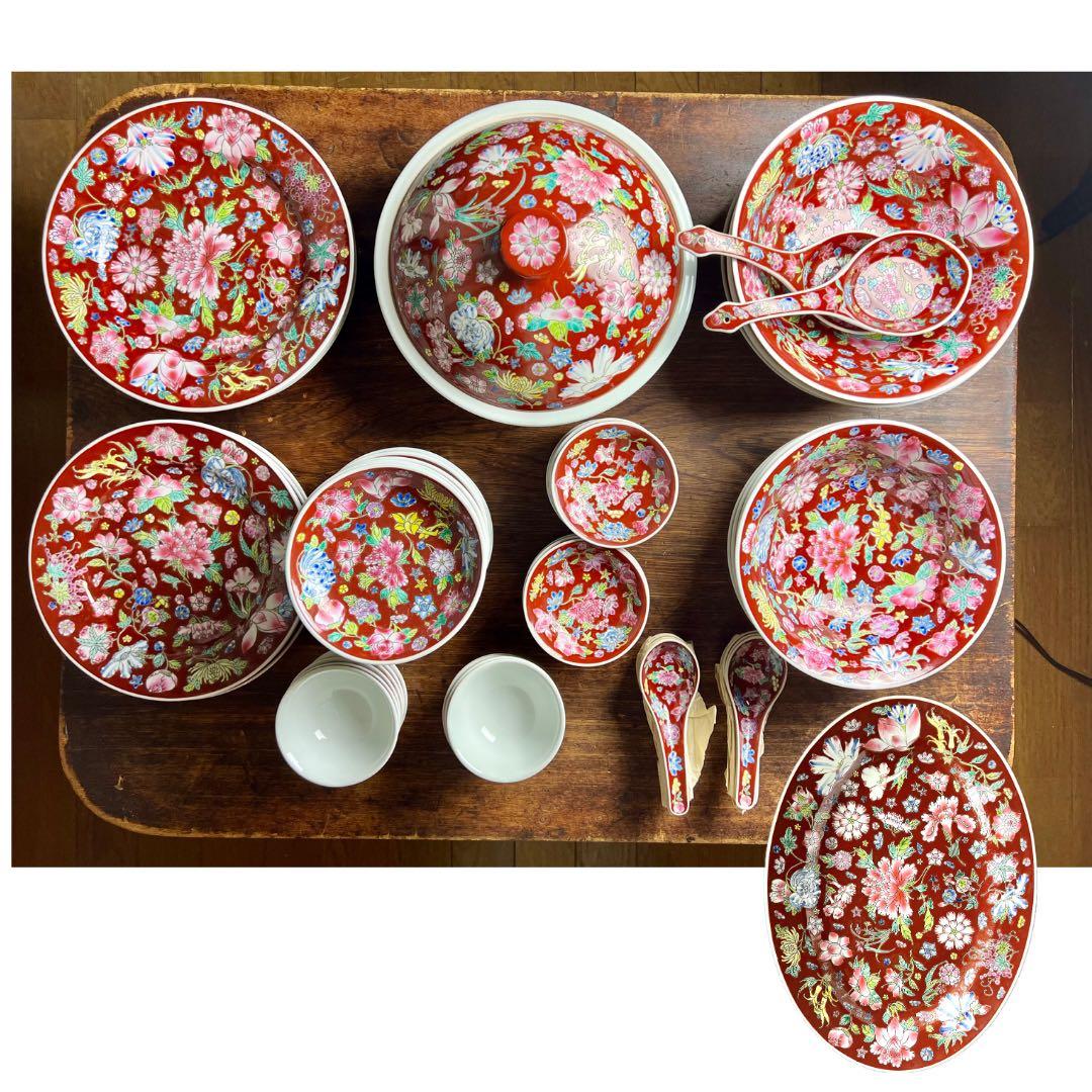 中国景徳鎮】粉彩 龍文 花文 飾皿 2枚セット 中国景