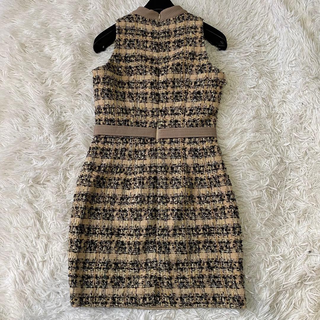 ローブドフルール グロッシー★フロントジッパー チェック柄ツイードミニドレス M