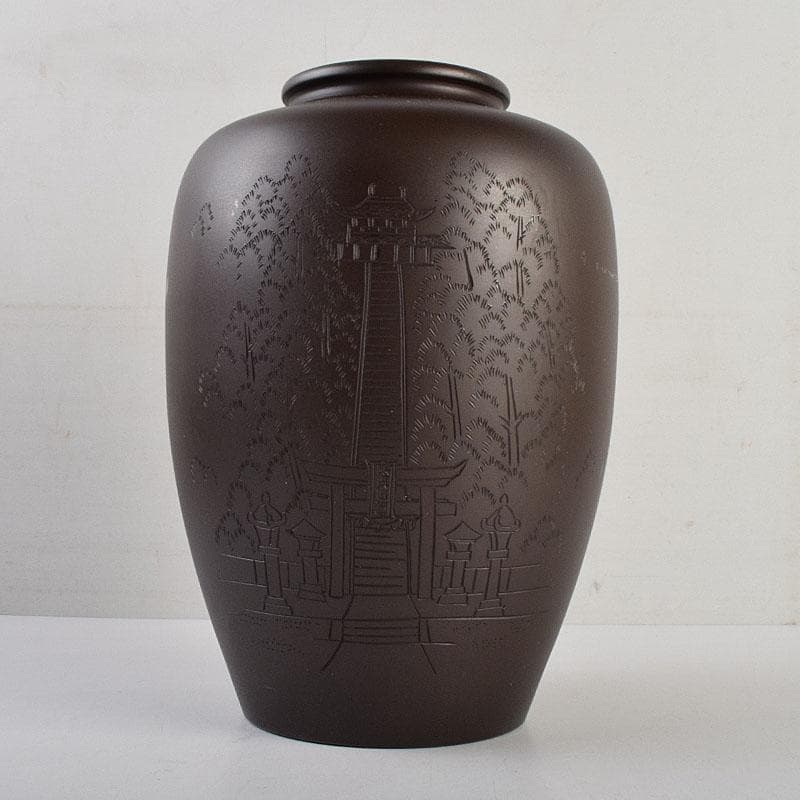 般若勘渓造 鋳銅 昌龍刻 志波彦神社・鹽竈神社絵 花瓶 共箱 N R9397H