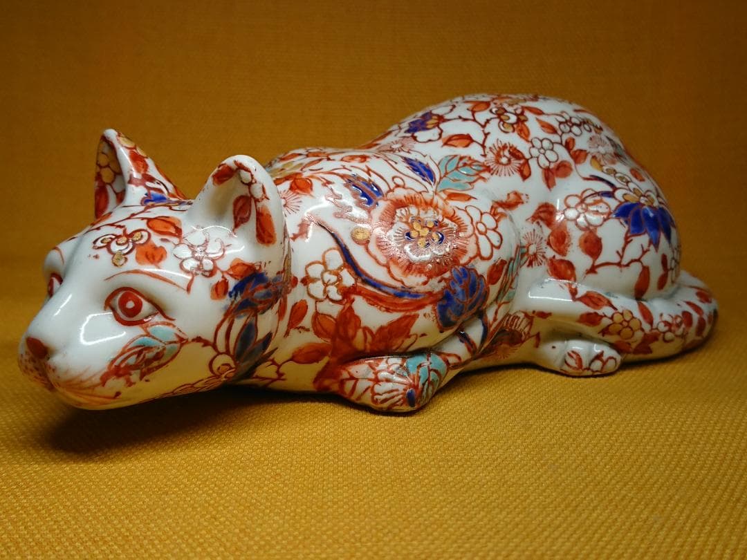 猫 陶器 色絵 花文 古玩 骨董 置物 インテリア 工芸品 美術品 A2883