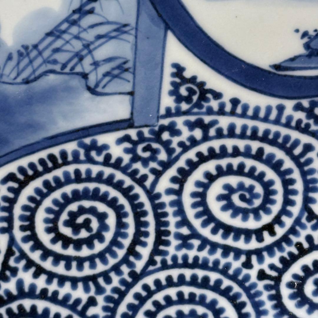 藍柿右衛門　渦福　染付白鷺図蛸唐草文様大皿　直径33cm　扇子　窓絵