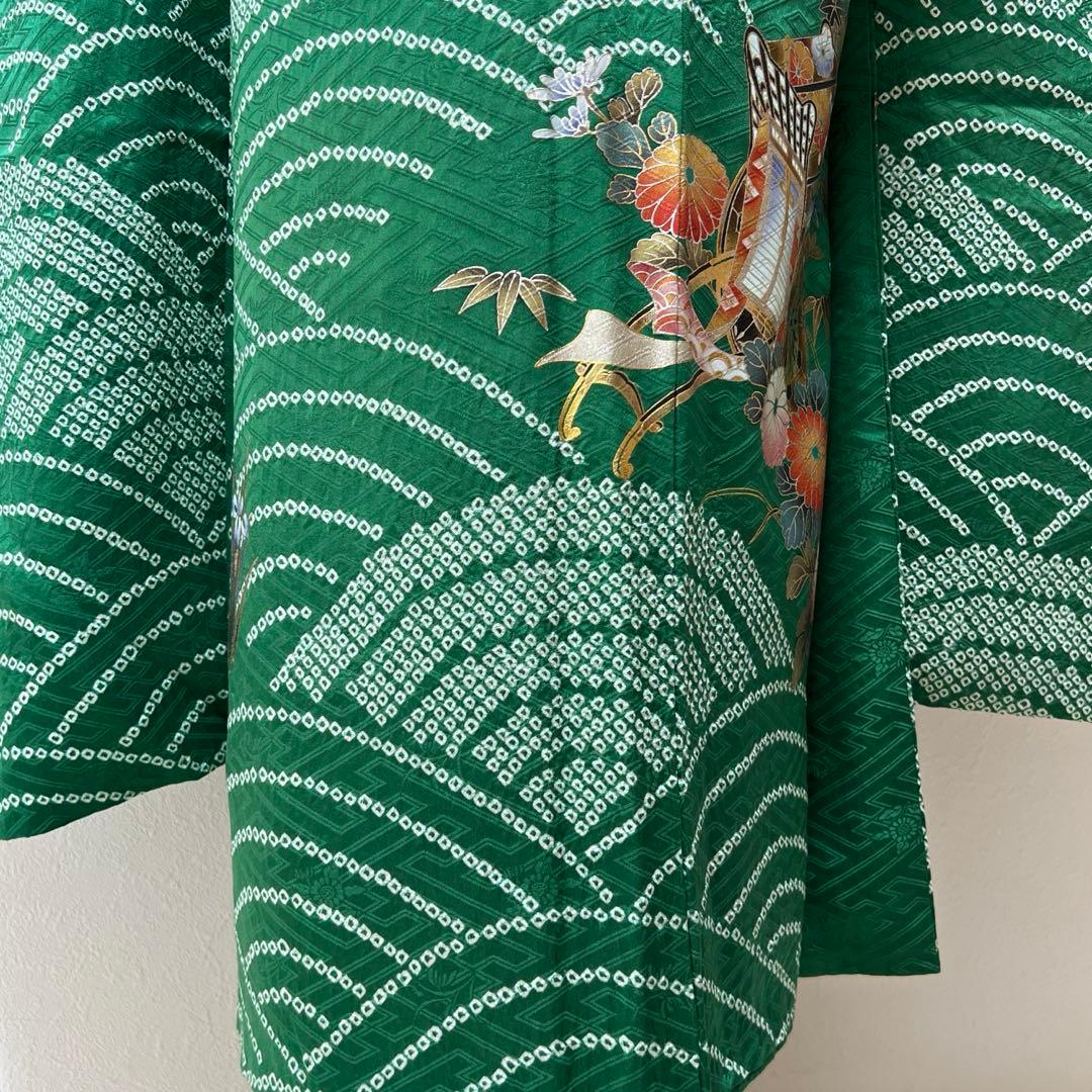 369 振袖フルセット 正絹 緑 橙 グリーン 絞り 金銀彩 古典 レトロ