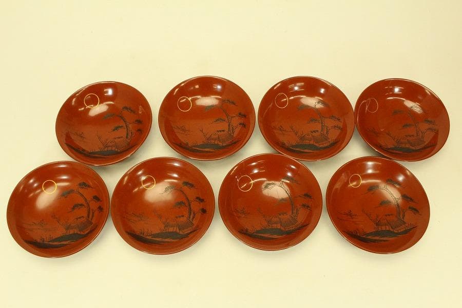 輪島塗 朱漆 沈金黒 風景蓋 八客(ZE460)