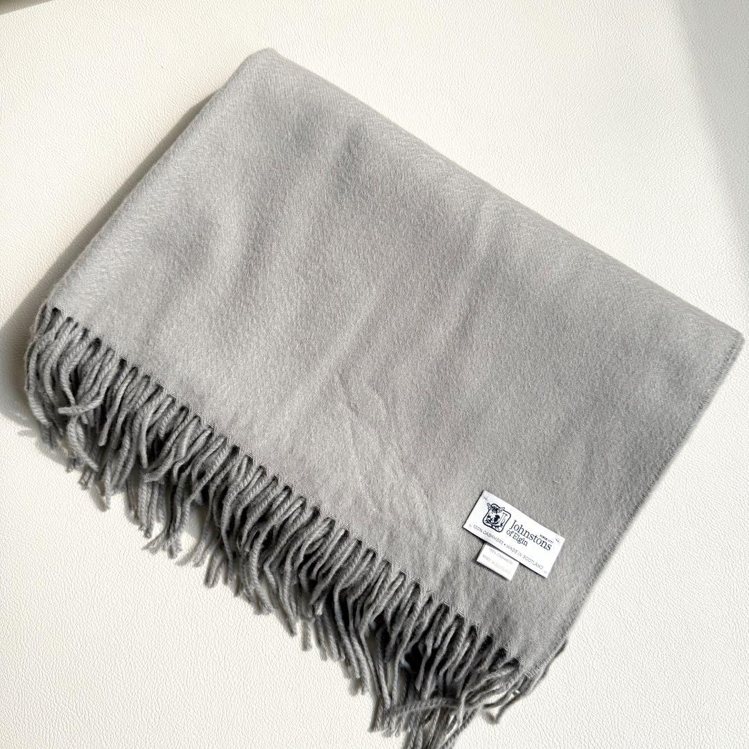 美品 ジョンストンズ 大判 ストール マフラー カシミヤ ライトグレー