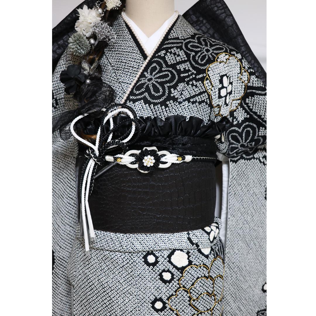 良好】豪華総絞り振袖8点セット◇164cm帯小物付フルセット黒白