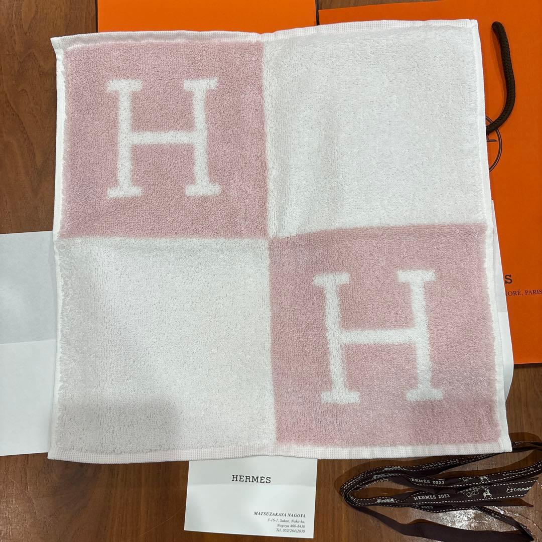 HERMES ピンク Hロゴ ハンカチタオル エルメス タオルハンカチ ピンク