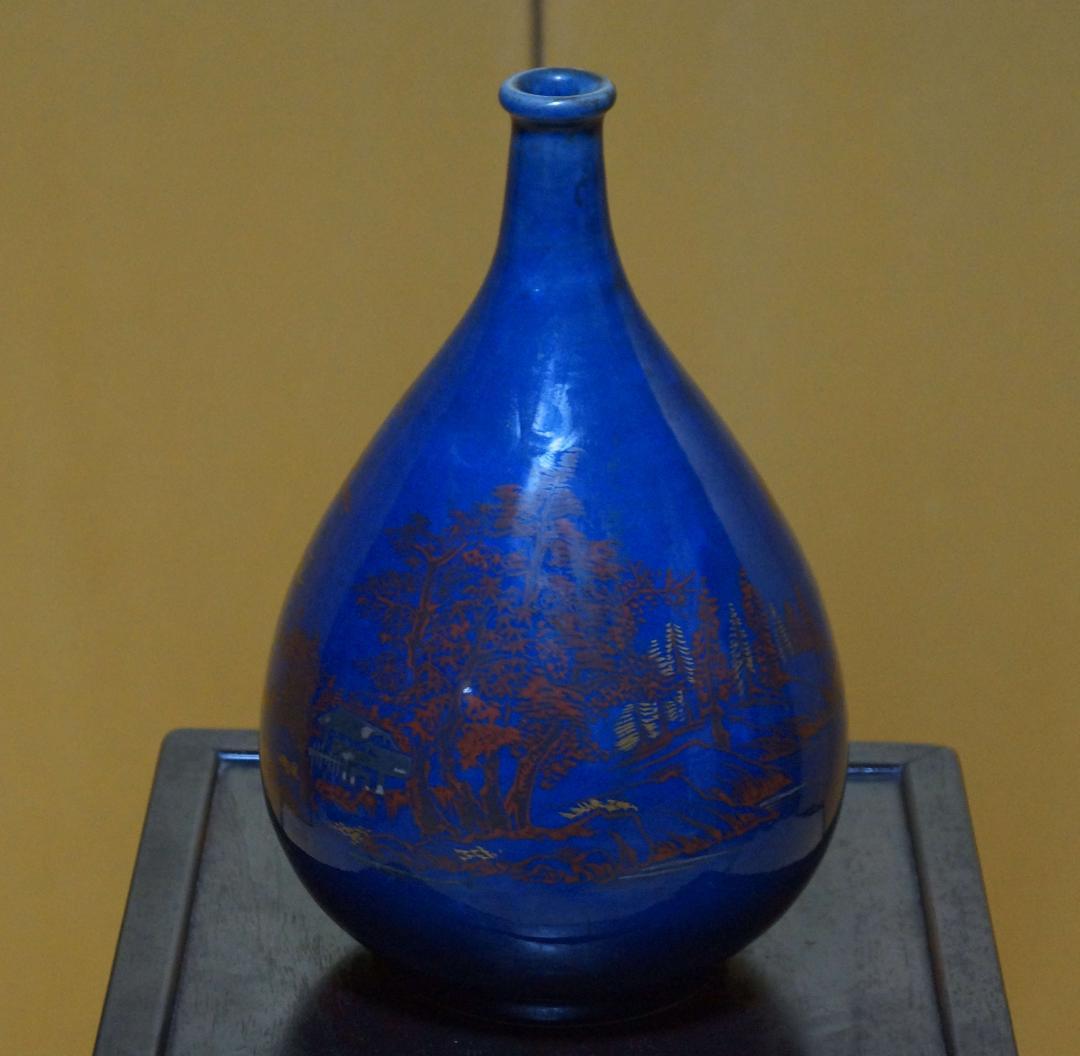 江戸時代中期 古伊万里瑠璃手 大型徳利 金銀彩赤絵 『山水風景図』飾り